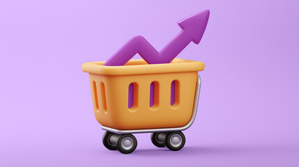 3D orange shopping cart with a purple upward arrow, symbolizing e-commerce growth, sales increase, and market success on a light purple background.