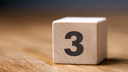 A wooden block featuring the number three, set on a warm wooden surface with a soft, blurred background.