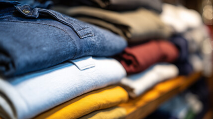 Close-up of neatly folded colorful clothes, including denim and cotton, stacked on a shelf, highlighting various fabric textures in a retail or home setting.