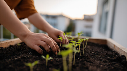 Close-up of hands gently planting small green seedlings into fertile soil in a wooden planter box, symbolizing growth and urban gardening.