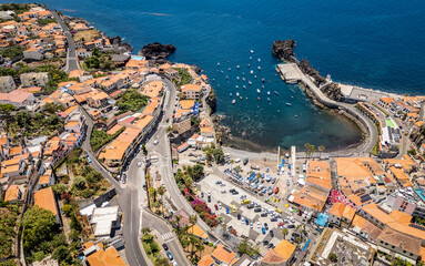 Aerial view with port of Camara de Lobos on Madeira Island, Portugal