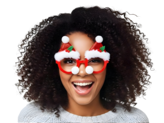 Christmas Holiday Celebration Fun African American Woman with Santa Glasses