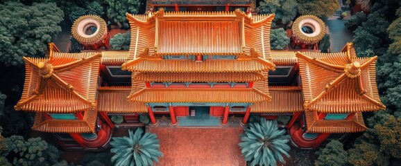 Aerial View of Traditional Chinese Architecture Amidst Lush Greenery.