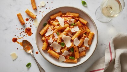 A bowl of rigatoni in rich red sauce topped with cheese captures comforting Italian flavors suited for cozy dining themes. This view reflects warm seasonal meals enjoyed slowly