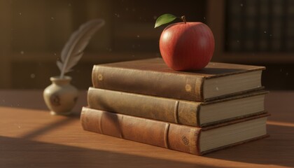 A red apple rests on vintage books in warm light symbolizing knowledge learning and traditional education within a calm scholarly environment