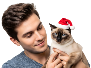 Christmas Pet Santa Hat Portrait Attractive Young Man Holiday Cat