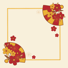 Chinese New Year Floral Frame with Fan and Plum Blossoms, Elegant Border