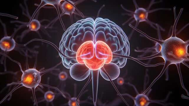 Animated 3D Render of Brain and Neurons with Glowing Activity