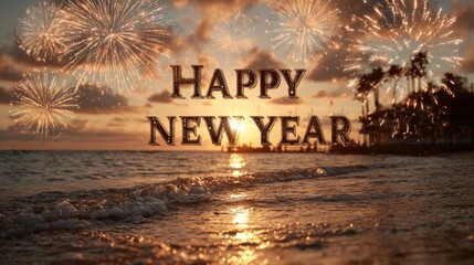 Celebrating new year at the beach with fireworks and a gorgeous sunset