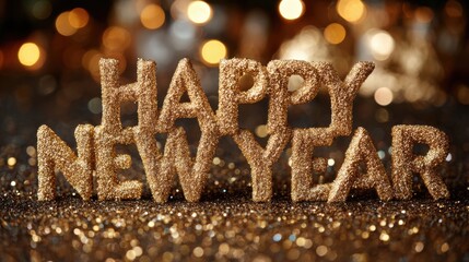 New Year celebration with sparkly decorations and golden letters in soft focus background