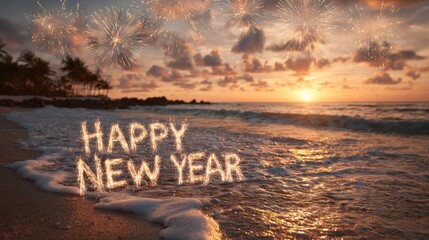 Celebrating new year at sunset on a beach with fireworks in the background