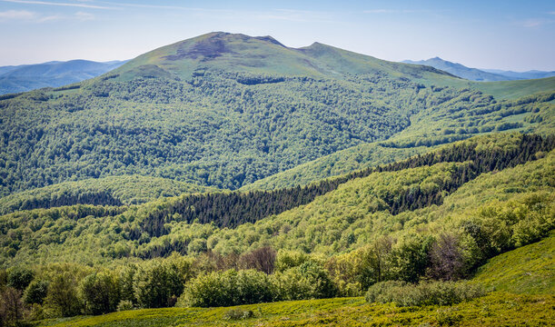 Aerial view from peak of Rozsypaniec Mount in Bieszczady National Park, Subcarpathian Voivodeship of Poland