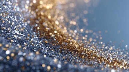 Shimmering particles create an abstract scene of golden and silver hues in macro focus