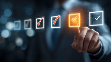 Businessman Selecting Checkmarks on Digital Touchscreen Interface