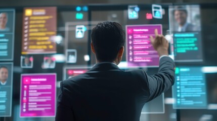 Businessman Interacting with Digital Data Display on a High-Tech Interface in Modern Office