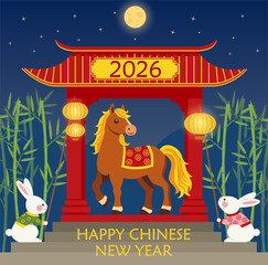 Obraz premium Festive illustration celebrating the Chinese New Year 2026 with a stylized horse under a traditional red pavilion. Two rabbits holding lanterns and bamboo plants create a cheerful holiday atmosphere. 