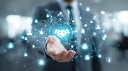 Businessman Reaching Out with Digital Handshake Concept for Networking and Collaboration