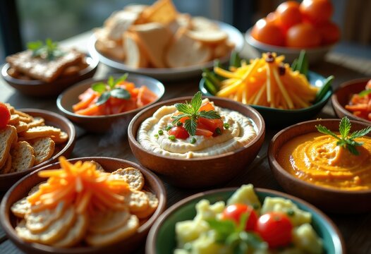 Vibrant Arrangement of Colorful Appetizers and Dips in a Celebration Setting