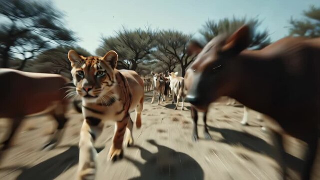 Tiger Chase Hunting, Pursuit, Animal Behavior in African Savannah