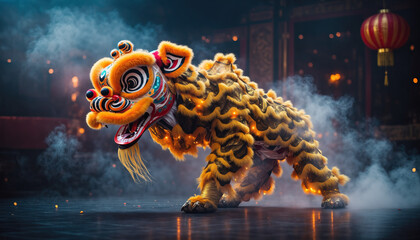 Vibrant and dynamic, a majestic Lion Dance performer takes center stage, enveloped in an aura of mystique, captivating a traditional cultural performance.