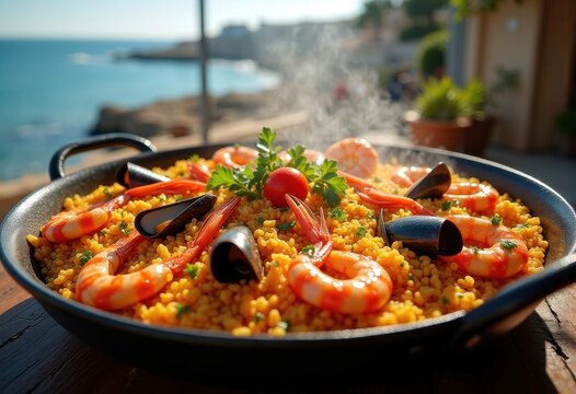 Vibrant Seafood Paella in Large Skillet Radiating Coastal Culinary Culture Seafood Feat with Rice Vegetables and Aromatic Spices
