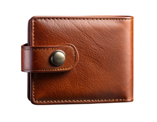 Premium Brown Leather Wallet with Closure Button on Dark Grey Gradient PNG