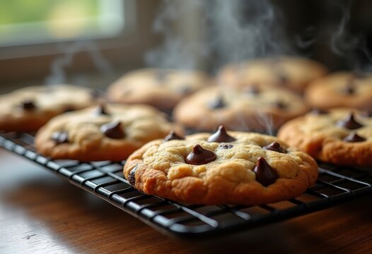Warm Chocolate Chip Cookies Plump Soft Baked Goodies Indulgent Treats Freshly Made Aroma