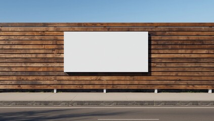 Empty white banner with mockup mounted on wooden scaffolds on urban street outside. Construction site exterior with blank advertising billboard