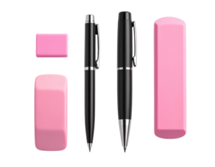 Professional Pen–Pencil–Eraser Set in Creative Flat Lay PNG