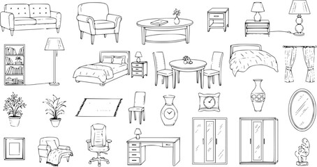 Hand-Drawn Sketch Black and White Line Art Furniture and Home Decor Collection. Outline Illustrations of Interior Design Elements like Sofas, Beds, Tables, Chairs, Lamps, and Accessories. © abenail