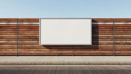 Empty white banner with mockup mounted on wooden scaffolds on urban street outside. Construction site exterior with blank advertising billboard