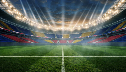 Experience the electric anticipation as brilliant stadium lights illuminate the pristine green pitch ready for an epic sporting event. world cup event