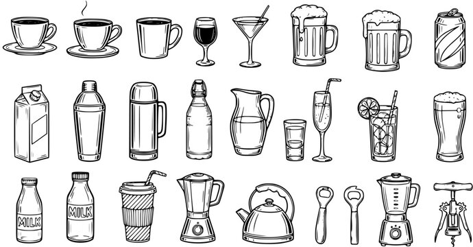 Hand-Drawn Black and White Line Art Icons of Various Beverages and Drinkware: Coffee, Beer, Milk, Cocktails, Water Jug, Blender, Corkscrew