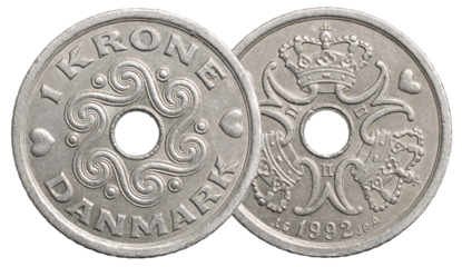 1 danish krone coin isolated on white background