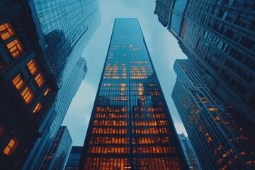 Dramatic upward view of illuminated skyscrapers in urban setting.