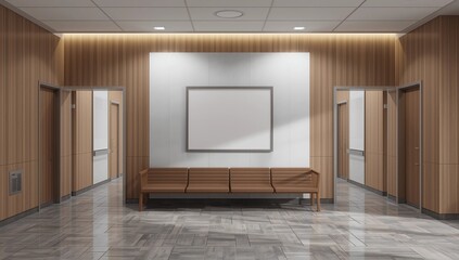 Empty poster mockup on wooden wall in a clean waiting room interior with orange chairs, modern layout and neutral backdrop. 3D Rendering