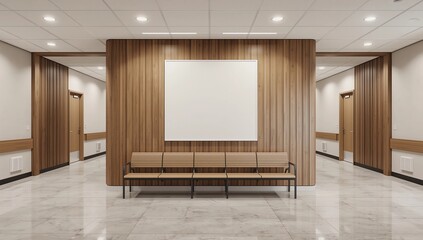 Empty poster mockup on wooden wall in a clean waiting room interior with orange chairs, modern layout and neutral backdrop. 3D Rendering