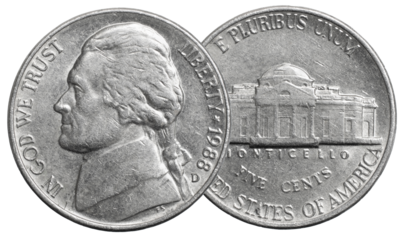 American five cents coin  isolated on white backgroundb