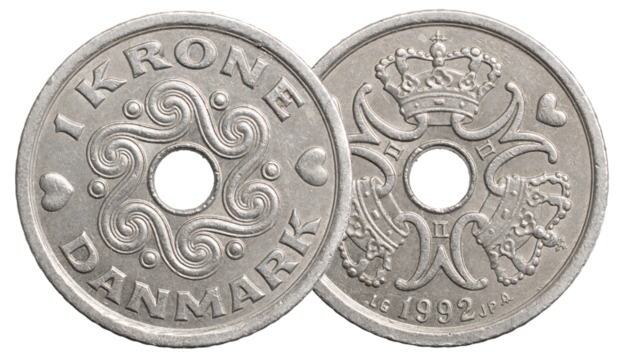 1 danish krone coin isolated on white background