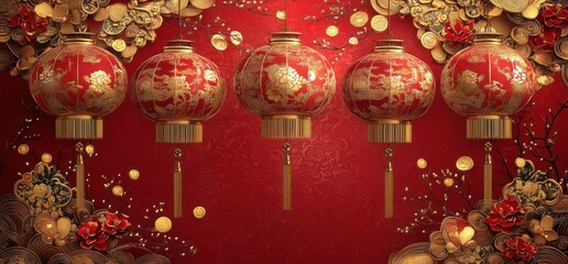 Festive Chinese New Year Lanterns and Floral Decorations on Red Background.