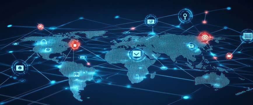 Global Network Connection - A Digital World Map with Connected Icons. - Powered by Adobe