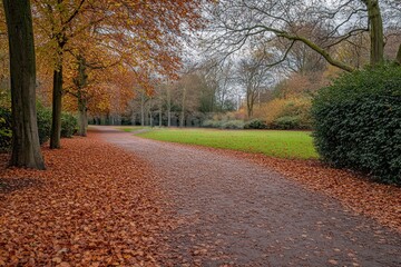 Autumn Path Through Park with Fallen Leaves and Green Grass.