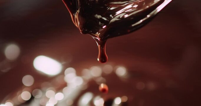 Close-up B-roll video of rich, dark chocolate syrup dripping in slow motion