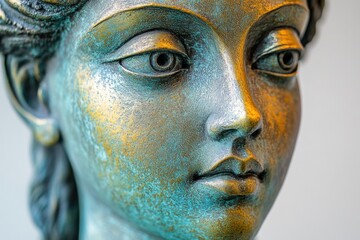 Close-up of a serene female bust with colorful patina.