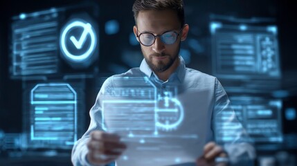 Young Businessman Analyzing Data with Digital Interface Elements