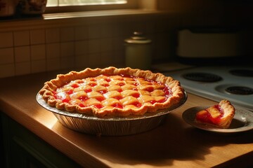 Delicious Peach Pie on Kitchen Counter with Natural Light.