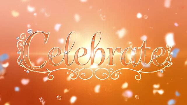 Sparkling 'Celebrate' text with ornate flourishes and falling confetti on a warm gradient background - Powered by Adobe