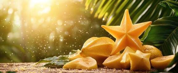 Exotic Star Fruit Still Life with Tropical Foliage and Sunlight.