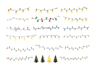 Large collection of festive Christmas lights and garlands with various shapes and colors including stars and small trees for holiday decoration design elements