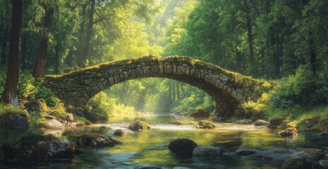 Enchanting stone bridge over a tranquil stream in a lush forest.